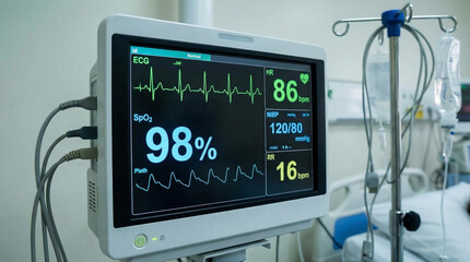 Fototapeta premium A monitor with a heart rate of 86% and a blood pressure of 160/116