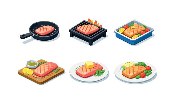 Cooking Fish. Isometric flat vector icons set of cooking fish: fish fillet in frying pan, fish fillet on grill, baked fish fillet tray, fish fillet with