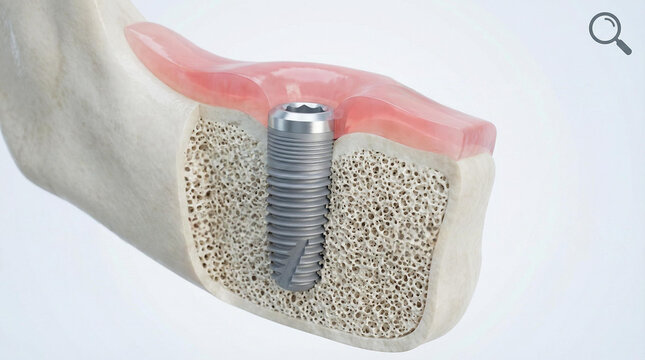 A tooth is missing and a silver screw is in the bone