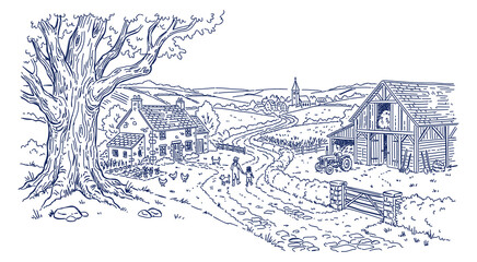 Fototapeta premium Rural landscape. Vector hand-drawn sketch. Blue color