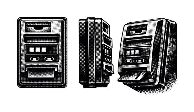 Vending machine payment module A realistic vending machine payment module with coin slot and card reader shown in three views: front view, side profile, and