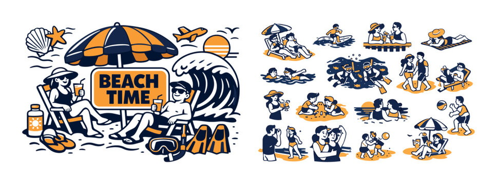 Beach time isometric composition with summer vacation icons, seaside leisure elements, beach umbrella, ocean wave, sunbathing scenes, and coastal отдых concept. Colorful vector-style set for holiday t