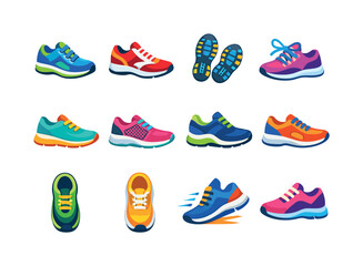 Fototapeta premium RunningShoes. Colorful flat vector icons set of RunningShoes: running shoes pair, athletic sneakers, shoe sole pattern, lace tied shoe, lightweight trainer,