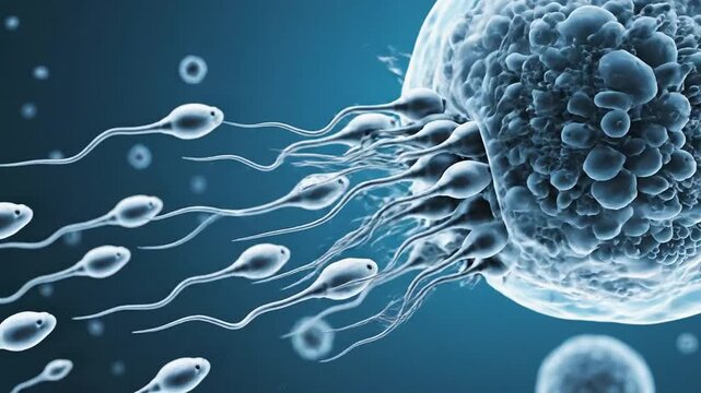 Sperm cells approaching and interacting with an ovum in a scientific depiction of fertilization process in a microscopic view