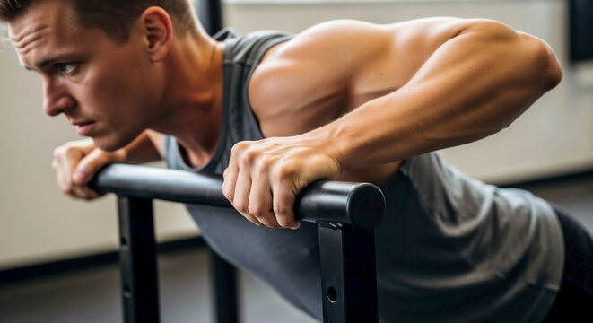 Young man performing push-ups on parallel bars in a gym. Focused male athlete training for strength and fitness