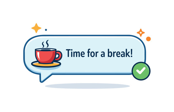 Break reminder indicators illustrated by a notification bubble with a coffee cup icon and subtle spark accents, conveying friendly prompts for short