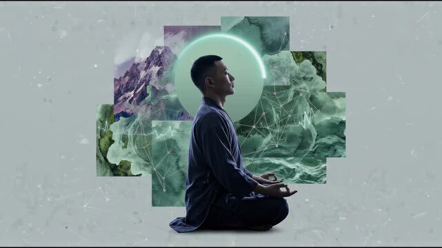 Holistic Nature Connection Concept: Asian Man Meditating in Lotus Pose with Abstract Collage of Mountains and Biofeedback Data