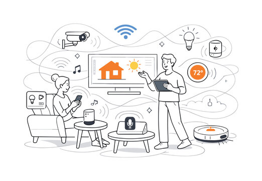 Home Automation. Modern living room with smart speakers, screens, and sensors working together. Smooth atmosphere of comfort and control with abstract waves