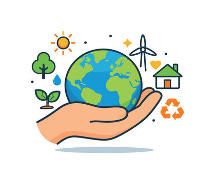 Climate change awareness centered on human responsibility with a hand gently holding the Earth and small eco symbols, suggesting care, protection,