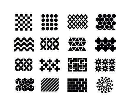 Patterned Shapes. Solid icon set of patterned shapes: repeating geometry, tiled shapes, grid pattern, modular pattern, geometric wallpaper, shape repetition,