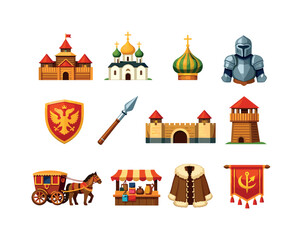Fototapeta premium Medieval Russia. Colorful flat vector icons set of Medieval Russia: wooden kremlin, orthodox church, onion dome, knight armor, shield emblem, spear weapon,