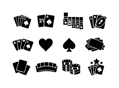 Card Games. Solid icon set of Card Games: poker hand, blackjack cards, solitaire layout, uno cards, bridge cards, hearts suit, spades suit, shuffled deck, card