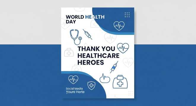 A vector graphic illustration of a World Health Day poster thanking healthcare heroes