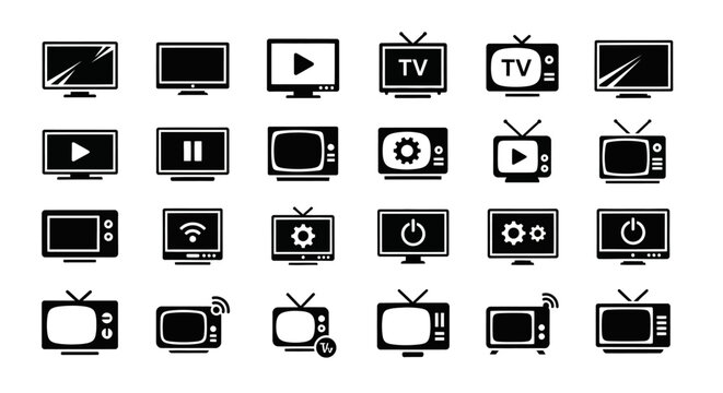 Television, TV, screen icons set, black and white vector graphics, media symbols, video play buttons