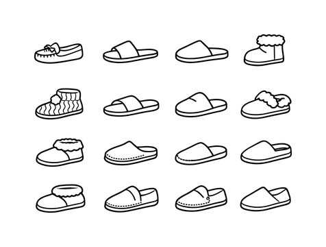 Slipper Types. Line icon set of Slipper Types: moccasin slippers, slide slippers, mule slippers, bootie slippers, knit slippers, foam slippers, terry slippers,
