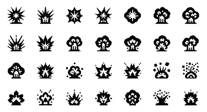 Explosion icons, blast symbols, 25 black vector graphics, comic effects, dynamic illustrations, abstract designs