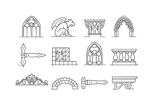 Historic Building Details. Minimalistic set one-line drawing gothic window tracery, stone gargoyle silhouette, decorative column capital, carved arch detail,