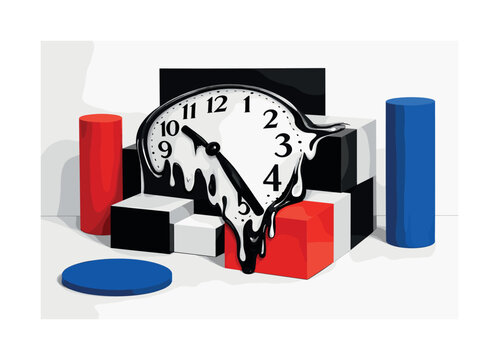 surreal room scene with giant vintage clock and cylindrical forms, black and white clock melting into geometric blocks with red and blue contrasts, modern