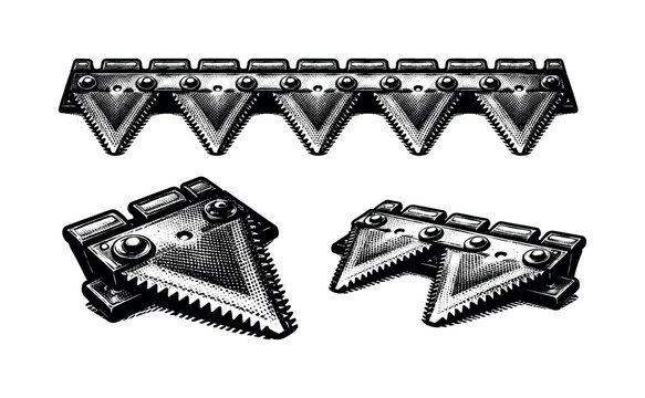 Cutter bar knife A segmented cutter bar knife section with triangular teeth shown in three views highlighting repeating pattern and sharp geometry. Black and