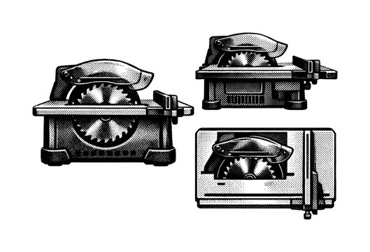 bench circular saw tool A compact bench circular saw shown in front view, side profile, and top view with visible blade guard, table surface, and fence guide.