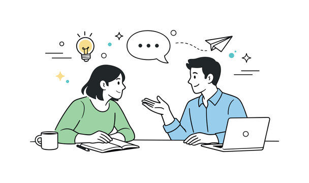 Body language in conversation. Two colleagues discussing ideas, one leaning forward attentively while the other gestures calmly, reflecting engagement and