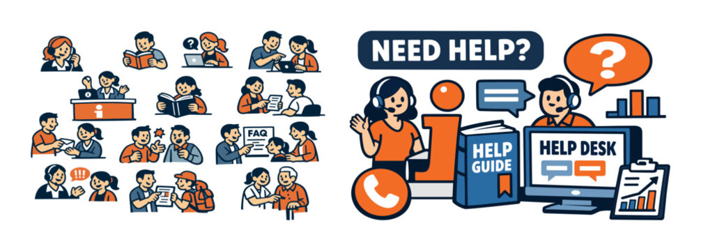 Customer support and help desk isometric composition with assistance icons, support agents, question marks, computer service elements, and online consultation concept. Colorful vector-style set for te