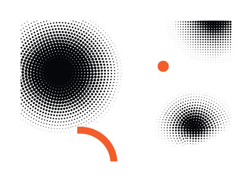 Black and white halftone dots background illustration, dense retro halftone dot pattern fading in scale and opacity, abstract circular dot fields creating