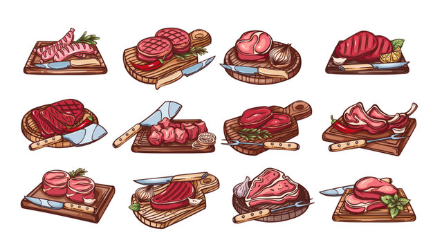 Meat products on wooden board set. Outline hand drawn color sketch of beef filet mignon, tomahawk and tbone steak, wagyu, sausages. Cooking, butchers shop mascot, meat menu icons vector illustration