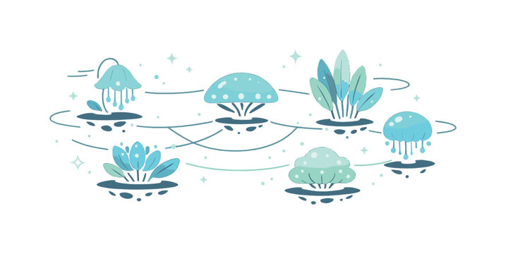 Floating alien flora. Unusual plants hovering slightly above the ground, softly glowing and connected by thin lines, creating a peaceful otherworldly