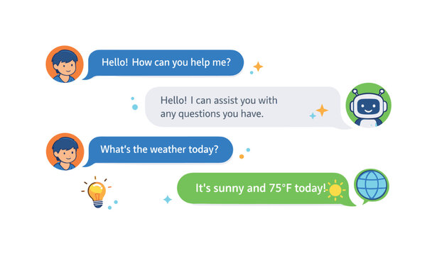 AI assistant chatbot interface illustrating conversational AI with flowing message bubbles and subtle spark icons, symbolizing intelligence, understanding, and