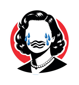 Pop art crying woman without identity, black and white retro female portrait with no facial features, tears illustrated as bold blue graphic drops, mouth