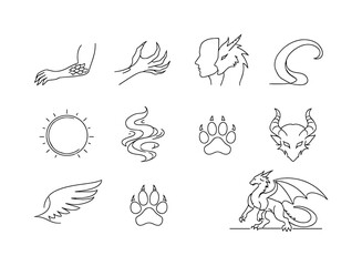 Obraz premium Fantasy Creature Metamorphosis. Minimalistic set one-line drawing person turning into dragon silhouette, scales forming on arm, elongated claw hand, beast ears