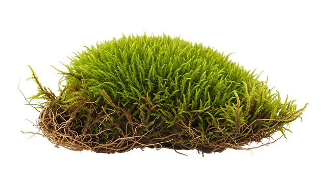 A vibrant green moss clump with exposed roots on transparent background