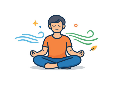 Mindful breathing practice centered on a calm person sitting cross-legged with gentle airflow lines moving in and out, symbolizing slow controlled breaths and