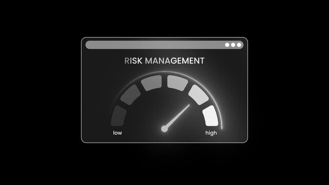 Motion graphic of a glowing risk management speedometer gauge with needle swinging between low and high indicators, abstract dark background with copy space