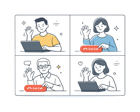 Ending a video meeting. Participants wave goodbye in a video call grid, closing laptops or tapping end call buttons. Calm ?????????? ????????? with friendly
