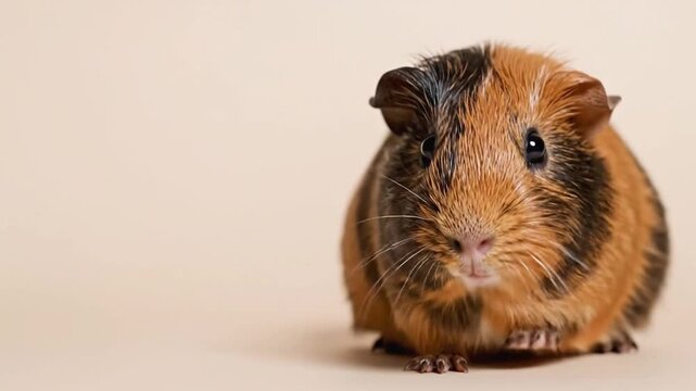 Guinea pig with orange and black fur sits calmly on a light background, showcasing its adorable features and curious expression in three frames