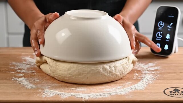 Hands of a woman shaping dough on a wooden countertop, preparing for fermentation with a bowl placed over the dough in a kitchen setting