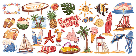 Obraz premium Summer beach club icon set with surfboards, palm trees, tropical fruits, cocktail, ice cream, slides, lifeguard tower, wave, sun, jellyfish and lettering. Bold doodle cartoon style vector illustration