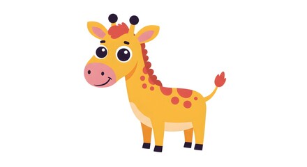 Obraz premium A cartoon giraffe smiles and poses, with a happy expression and friendly demeanor. The giraffe stands gracefully