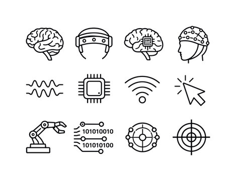 Brain-Computer Interface. Line icon set of Brain-Computer Interface: human brain, EEG headset, neural implant, electrode cap, signal decoding, brain waves,