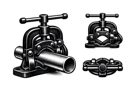 pipe vise tool A pipe vise shown holding a cylindrical pipe, alongside a side view and top view emphasizing the curved jaws and tightening mechanism. Black and