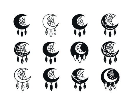 DIY dreamcatcher projects. Icon set. Set Logo of DIY dreamcatcher projects: crescent moon dreamcatcher. harmonious logo variations of the same emblematic