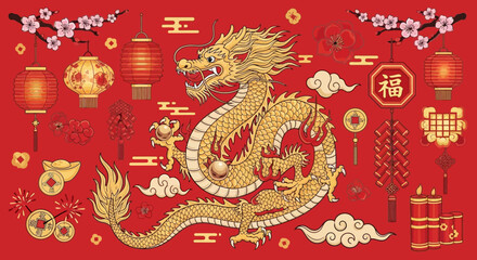 Fototapeta premium Chinese New Year dragon greeting card featuring golden dragon illustration with Asian cultural pattern design and mythological symbol of power and tradition