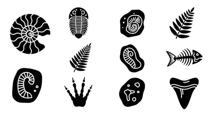 Fossil icons, ancient animal silhouettes, prehistoric creature symbols, black fossil set, 10 prehistoric fossils © Super
