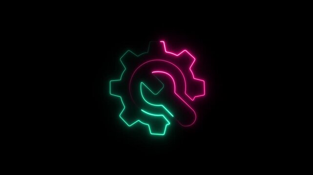 Neon Gear and Wrench Icon Animation with Glowing Pink and Cyan Electric Lights for Technical Support and Repair Services.