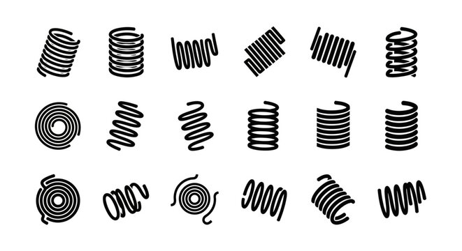 Spring icons, coil symbols, mechanical springs, black line art, 16 vector graphics