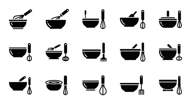 Black kitchen utensil icons, cooking tool set, baking symbols, 20 mixing bowl graphics