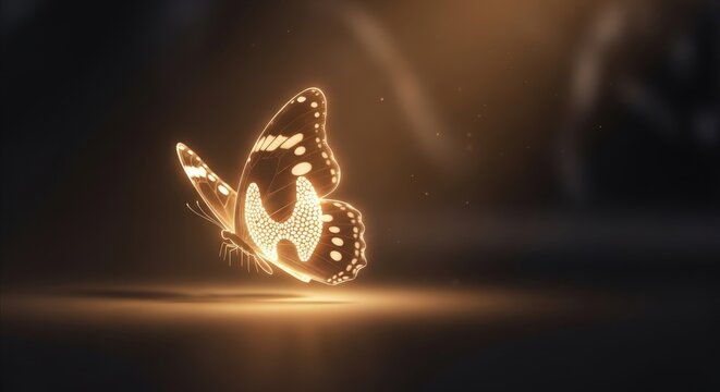 Radiant golden butterfly with thyroid gland shape, symbolizing disease awareness, medical research, treatment, health, hope, and human endocrine system wellness journey