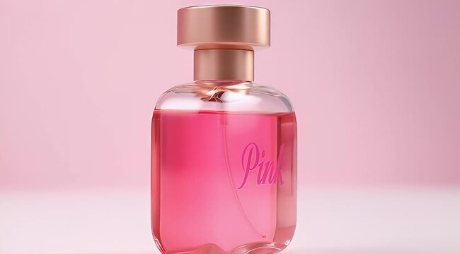 Elegant pink fragrance bottle with a luxurious golden cap standing on a complementary pastel background, evoking a sense of beauty and luxury